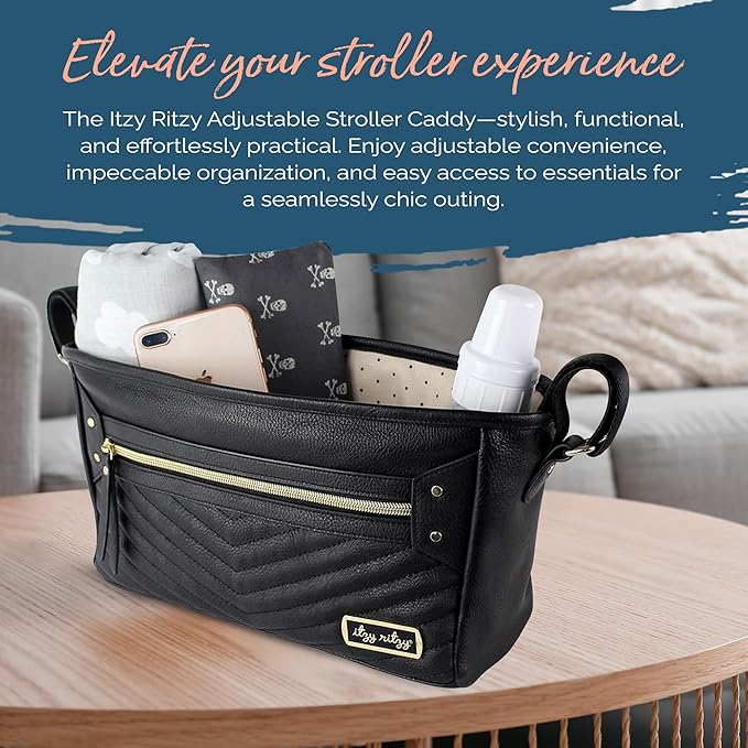 Itzy Ritzy Adjustable Stroller Caddy / Organizer - Stroller Organizer Bag Featuring Front Zippered Pocket, 2 Built-In Interior Pockets & Straps to Fit Nearly Any Model (Black with Gold Hardware)