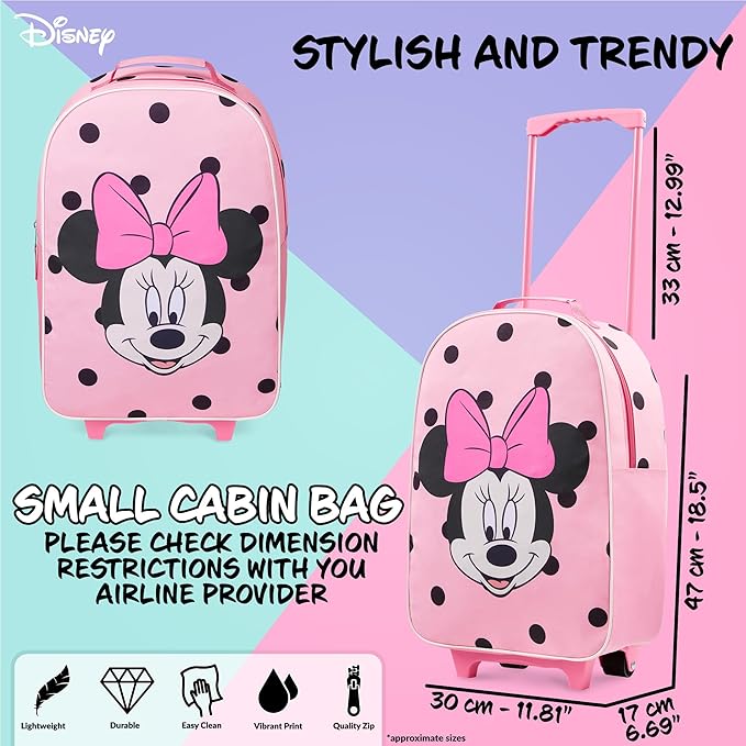 Disney Kids Rolling Luggage 16×11 in, 16‑L Carry‑On Suitcase with Wheels, Foldable Lightweight Travel Bag, Gifts for Kids (Pink Minnie)