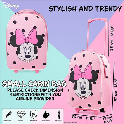 Disney Kids Rolling Luggage 16×11 in, 16‑L Carry‑On Suitcase with Wheels, Foldable Lightweight Travel Bag, Gifts for Kids (Pink Minnie)