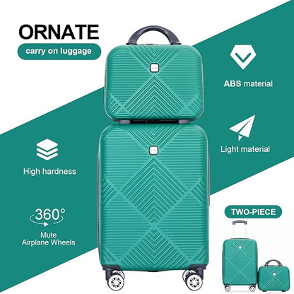 2 Piece Carry on Luggage Set, Airline Approved 20 Inch Luggage with Cosmetic Case HardShell Suitcase with Spinner Wheels, Lightweight Durable Hardside Suitcases Set, Dark Green