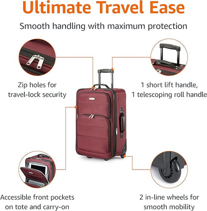 Amazon Basics Luggage Sets, Carry-On 23-Inch, tote 15-Inch, Suitcase With Wheels, Expandable Extra Space (+15%), Front Pockets and Telescopic Handle, Burgundy
