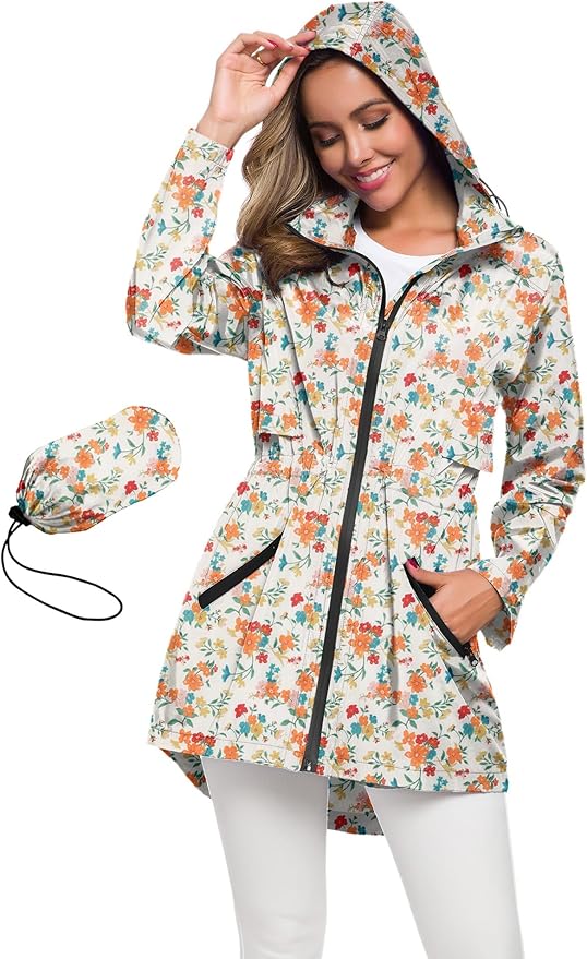Avoogue Women's Long Raincoat with Hood Outdoor Lightweight Windbreaker Rain Jacket Waterproof