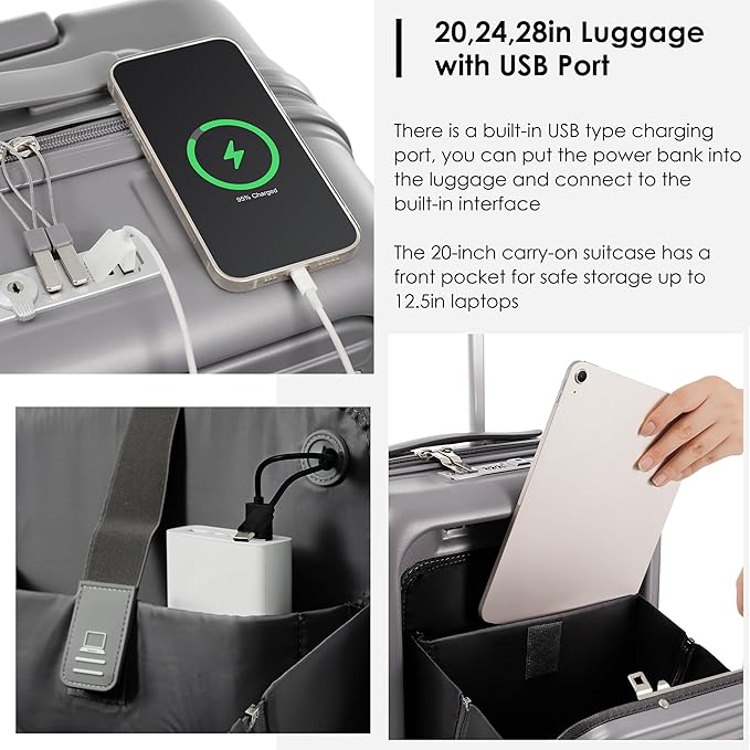 Merax Front Opening 20-Inch Carry-On Luggage with Expandable Travel Bag Set, ABS Hard Shell Two-piece Suitcase Set with USB Port, Cup Holder, ABS+grey blue