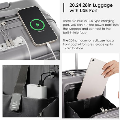 Merax Front Opening 20-Inch Carry-On Luggage with Expandable Travel Bag Set, ABS Hard Shell Two-piece Suitcase Set with USB Port, Cup Holder, ABS+grey blue