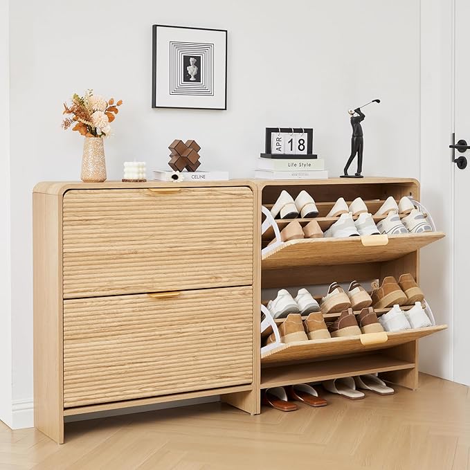 RARZOE Set of 2 Fluted Shoe Storage Cabinets for Entryway, Narrow Curved Shoe Cabinet with 2 Flip Drawers, Wood Hidden Shoe Organizer Closed Shoe Rack Cabinet for Foyer,Hallway (29.5''Natural)