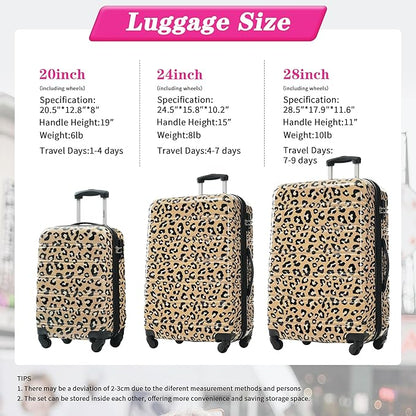 Merax Suitcase Set, Hardshell Luggage Sets 3 Piece with Spinner Wheels, Expandable Durable Suitcase with TSA Lock Lightweight 20" 24" 28", Brown Leopard