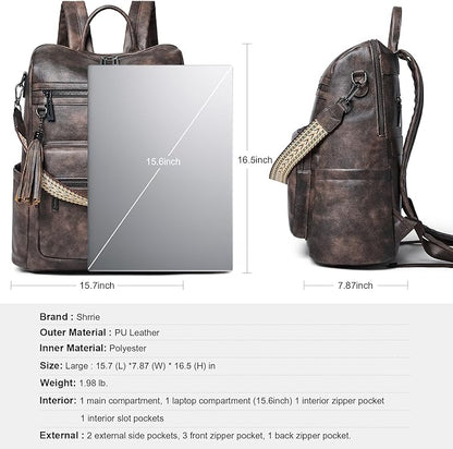 Shrrie 15.6 inch Laptop Backpack for Women,Large Leather Backpack Purse,Travel,Carry on,Water Resistant Casual Laptop Backpacks,College Backpack,Work Backpack for Women,Two-toned Coffee