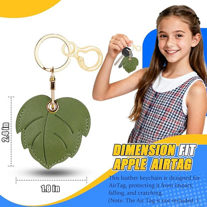 Leather Keychain for Airtag, Cute Protective Keychain Holder Compatible with Apple Air Tag,GPS Item Tracker Case Cover for Keys,Bags,Pets,Luggage(Leaf)