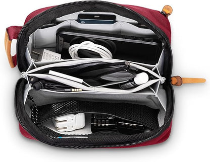 Tech Bag Organizer - Small Electronics Organizer Pouch for Travel - Premium Travel Case with Leather Accents - Mesh Pocket for Cables, Cords and Chargers (Red)