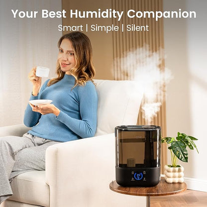 COMHOMA Smart Humidifiers for Bedroom, 5L Top Fill Supersized Humidifier Essential Oil Diffuser for Baby & Plants, 3 adjustable Mist with 28dB Quiet, Touch/APP/7-color Nightlight, 36H Runtime, Black