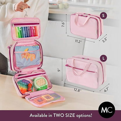 Kids Travel Organizer – Multi-Compartment, Water-Resistant Hanging Bag for Toys, Snacks, & Activities - Compact, Lightweight Design with Hook & Carry Handle - Perfect for Travel Use (Pink, Small)