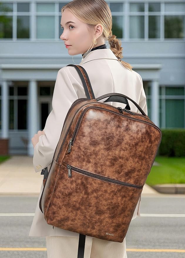 Shrrie Vegan Leather Laptop Backpack for Women&Men,16 Inch Expandable Backpack with USB Charging Port,Two-toned Brown