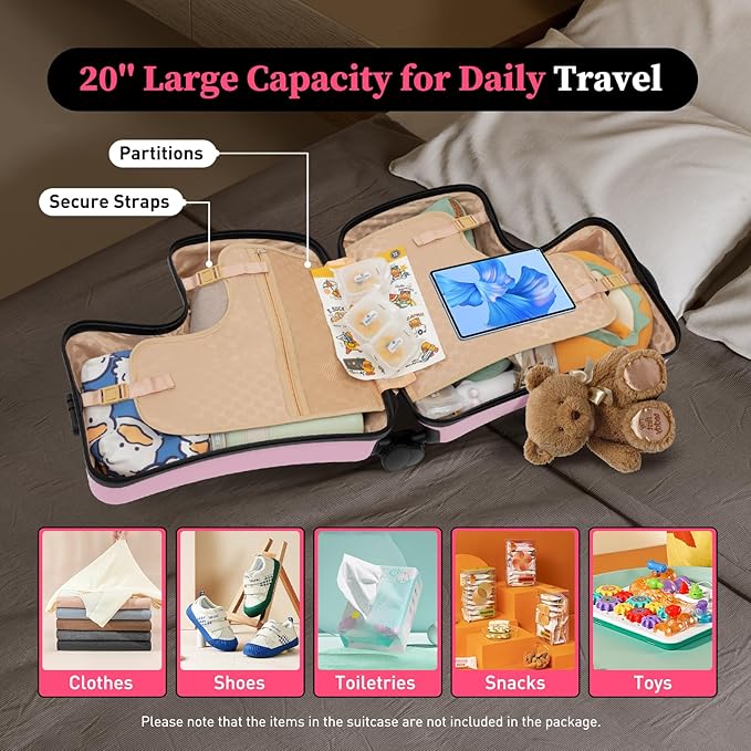Kids Ride on Suitcase, 20" Ride on Luggage with 4 Wheels, Scooter Suitcase for Boys Girls, Toddler Carry on Suitcases with Safety Belt & Adjustable Handle, Travel Luggage for Ages 3-6 (Pink)