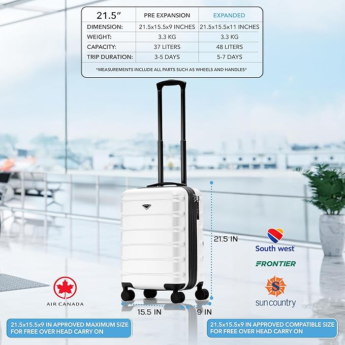 Flight Knight 21.5x15.5x9" Expandable Carry On Suitcase Hardside TSA Lock & USB C Port Lightweight Luggage Silent Double Spinner Wheels Maximum Canada Air Overhead Carry-On Bag Many Airlines Approved