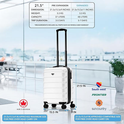 Flight Knight 21.5x15.5x9" Expandable Carry On Suitcase Hardside TSA Lock & USB C Port Lightweight Luggage Silent Double Spinner Wheels Maximum Canada Air Overhead Carry-On Bag Many Airlines Approved