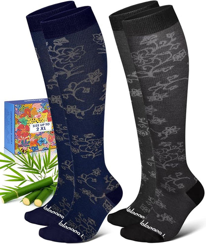 Bamboo Viscose Compression Socks for Women Men 2 Pairs 15-20mmHg Knee High Compression Socks Travel Nurse