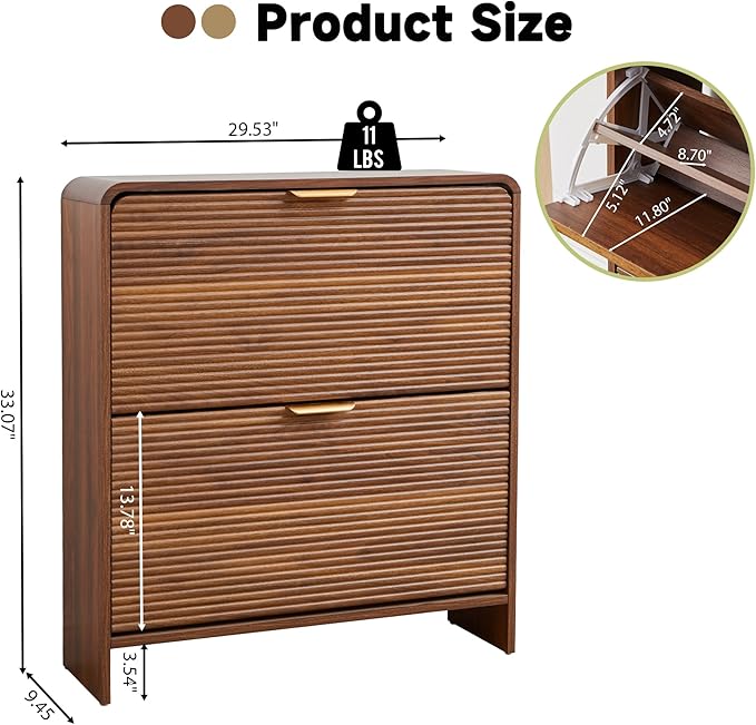RARZOE Fluted Shoe Cabinet with 2 Flip Drawers, Narrow Curved Shoe Storage Cabinet for Entryway, Freestanding Wood Hidden Shoe Organizer Closed Shoe Rack Cabinet for Foyer, Hallway (29.5''Walnut)