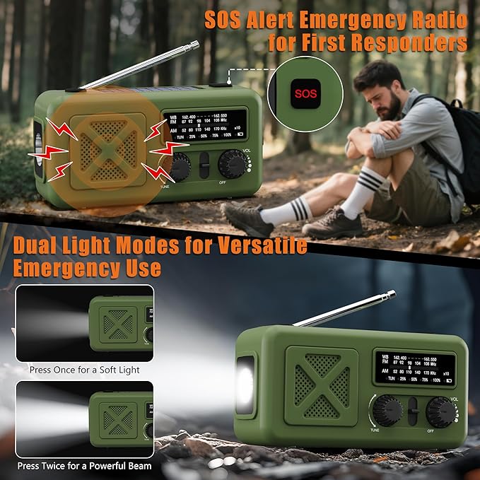 Emergency Radio Hand Crank Solar, 5000mAh/18500mWh Emergency Weather Radio, Hand Crank Solar Radios with NOAA/AM/FM, Cell Phone Charger, Headphone Jack, Flashlight for Indoor Outdoor