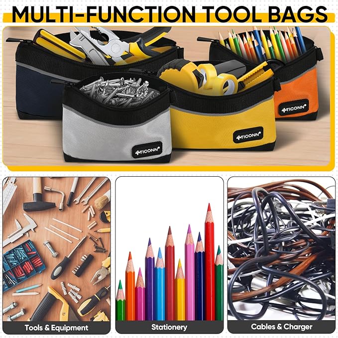 TICONN Tool Pouches with Zipper, 1680D Oxford Small Tool Bags, Waterproof Utility Bag Zipper Pouch for Tool Organizers and Storage (3 Pack Large)