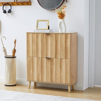 31.5” Fluted Shoe Cabinet Storage with 2 Flip Drawers,Narrow Freestanding Shoe Storage Organizer,Slim Shoe Rack Cabinet for Entryway,Hallway (Natural)