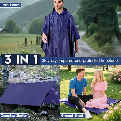 Bruvoalon 3-in-1 Rain Poncho with 1/4 Zip & Chest Pocket, Waterproof, Sunshade, Ground Mat for Adults & Youth Emergency