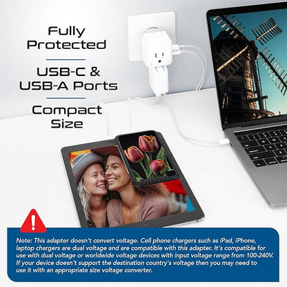 Ceptics Thailand Travel Adapter Set, PAK KIT 20W PD & QC, Type O - 3.1A - 4 in 1-2 USA Inputs, 1 USB Port, 1 USB-C Port - Compact, Powerful - Includes Type O Swadapt Attachments