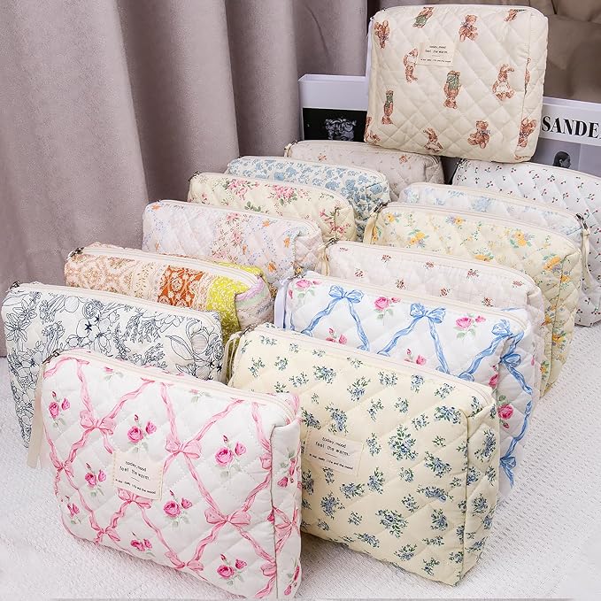 2PC Makeup Bag Set, Cute Cosmetic Bag for Women Girls, Floral Coquette Aesthetic Toiletry Bag, Travel Make Up Organizer Bag (Color-Coded Floral)
