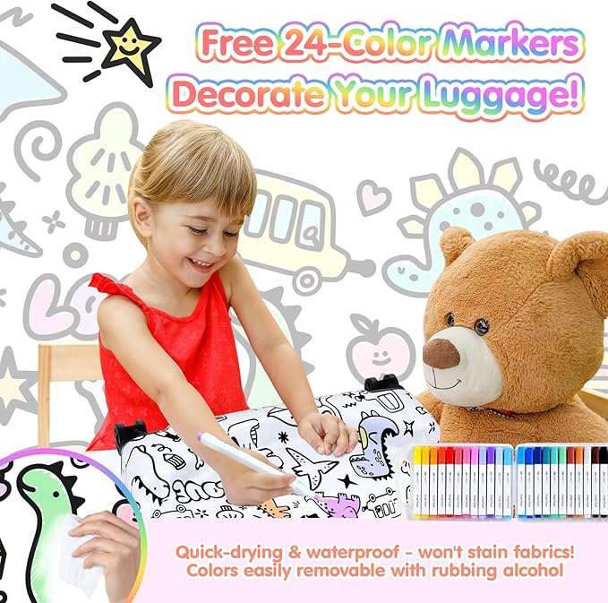 smilesun Kids Ride-On Suitcase with DIY Graffiti Coloring Design, 20" Hardshell Luggage with 4 Spinner Wheels, Safety Belt & TSA Lock – Fun and Rideable Travel Case for Toddlers and Children