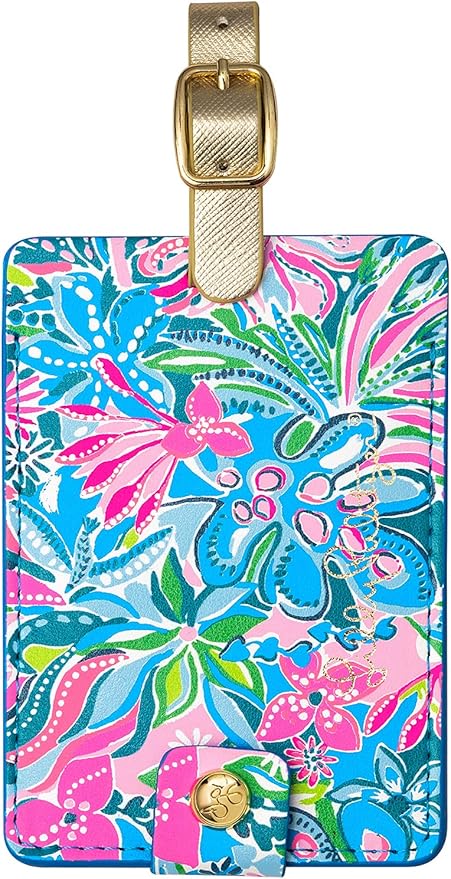 Lilly Pulitzer Leatherette Luggage Tag with Secure Strap, Colorful Suitcase Identifier for Travel