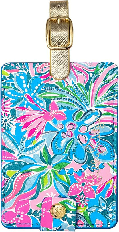 Lilly Pulitzer Leatherette Luggage Tag with Secure Strap, Colorful Suitcase Identifier for Travel