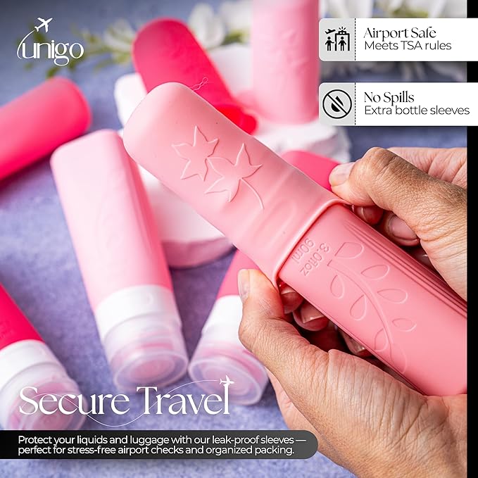 unigo Travel Bottles For Toiletries, 3.oz TSA Approved Containers, Travel Size Toiletries, Shampoo and Conditioner Bottles, Leak Proof and Refillable Bottles, BPA Free, Extra Bottle Covers (Pink)