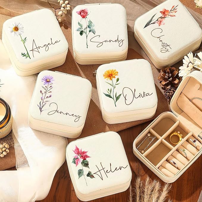 DayOfShe Personalized Travel Jewelry Box with Name and Birth Flower,Stocking Stuffers for Women Girls,Custom Small Travel Jewelry Case Bridesmaid Proposal Gifts