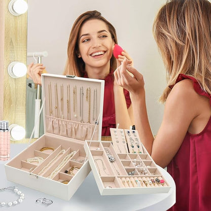 ProCase Jewelry Box for Women, 2 Layers Large Leather Jewelry Organizer Storage Case with Removable Pad for Earrings -White