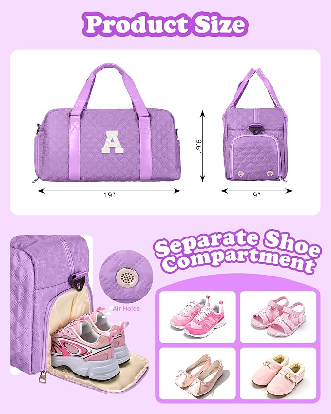 Initial Travel Duffle Bag Women Girls Gift: Personalized Weekender bags, Dance Cheer bag Sports for Girl, Kid Gymnastics Bags, Birthday Gifts for Women Girls Kids Teens Mom Teacher