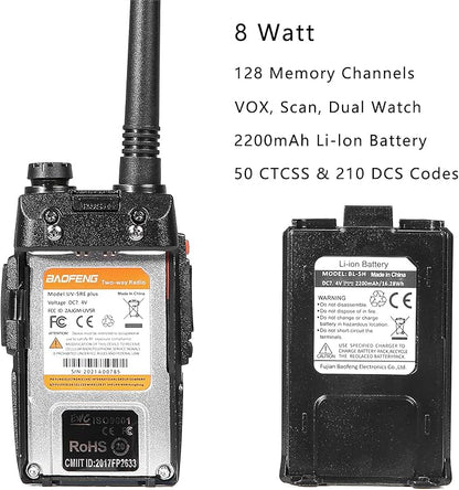 Baofeng UV-5RE Plus Dual Band Two Way Radio Handheld Ham Radio Long Range Walkie Talkies Pack of 6 for Hiking Camping Hunting Skiing Trip(Black) with 8W