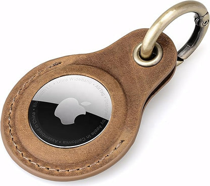 Genuine Leather AirTag Keyring Holder Compatible with Apple AirTags Keychain Cover, Anti Lost Secure Key Ring Case for Pet Collar Bags Luggage Tracking Travel, Protective Air Tag Key Chain Fob, Brown