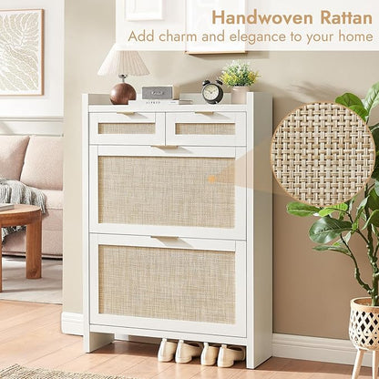 Rattan Shoe Storage Cabinet with 2 Drawers & 2 Flip Drawers – Hidden Slim Shoe Organizer for Entryway, Large Tabletop Space, Farmhouse Boho Narrow Shoe Rack, Rustic White