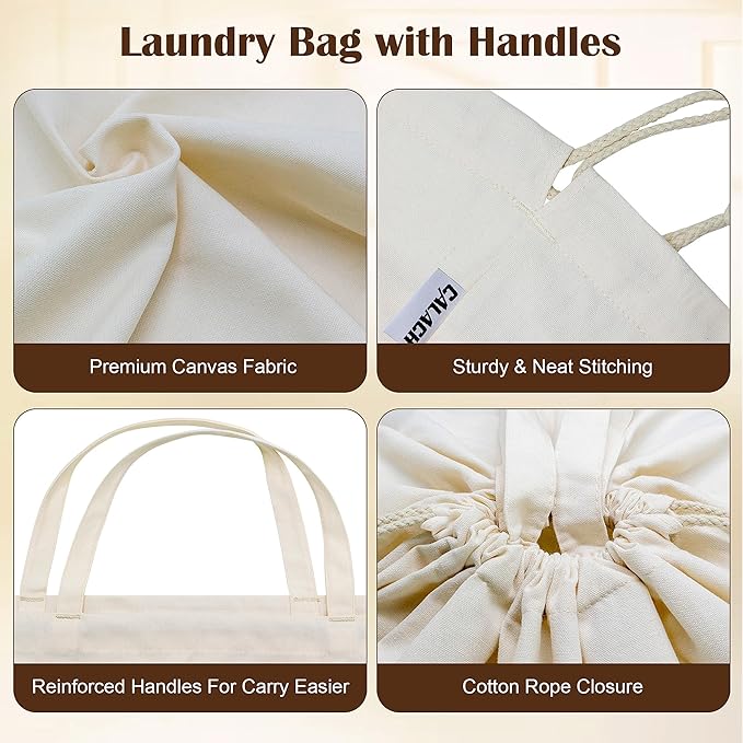 Canvas Laundry Bags with Handles & Square Base 13.8"x 13.8", Large Heavy Duty Laundry Hamper Bag, College Dorm Washable Drawstring Cotton Dirty Clothes Sack (Beige,1 Pack)