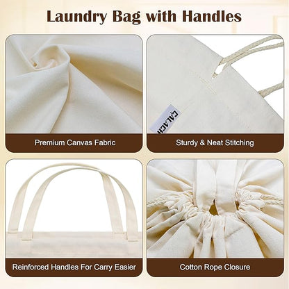 Canvas Laundry Bags 18x18in with Handles & Square Base, Extra Large Heavy Duty Laundry Basket Hamper Liner, Washable Drawstring Dirty Clothes Bag Canvas Storage Sack (Beige XL,1 Pack)