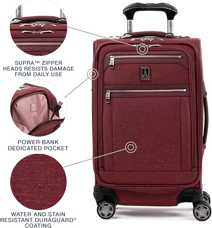 Travelpro Platinum Elite Softside Expandable Carry on Luggage, 8 Wheel Spinner Suitcase, USB Port, Suiter, Men and Women, Bordeaux Red, Carry On 21-Inch