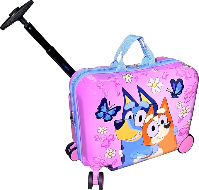 Fast Forward Ride-On 18" Suitcase For Kids/Tow-Along Toddler Carry-On Luggage With Wheels (Bluey Girls)