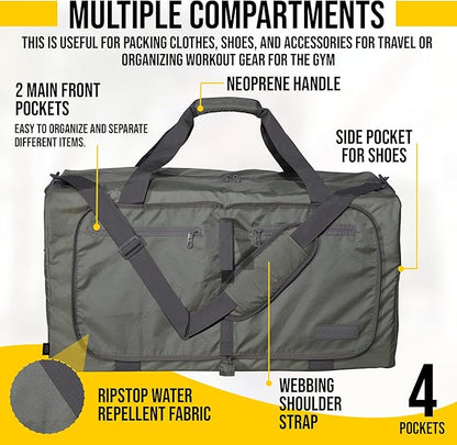 LEGEND 60L Foldable Duffle Bag for Travel - Packable Duffle Bags w/Shoe Compartment - Tear Resistant Collapsible Duffel Bags for Traveling - Lightweight Folding Duffel Bag for Men & Women -Army Green