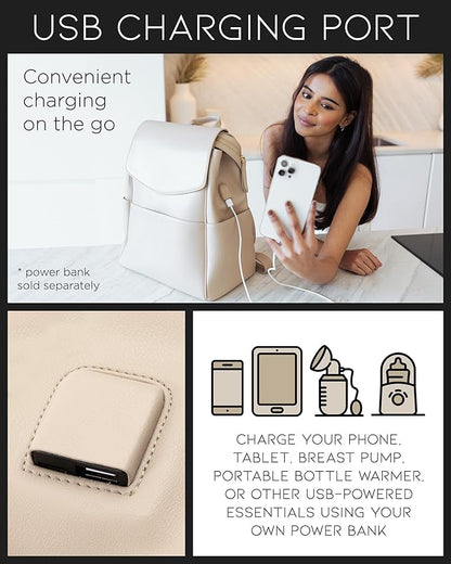 MIA + SOPHIA Leather Diaper Bag Backpack with USB Charging port, Changing Pad, Stroller Straps, and Bottle Holder (Beige Olivia)
