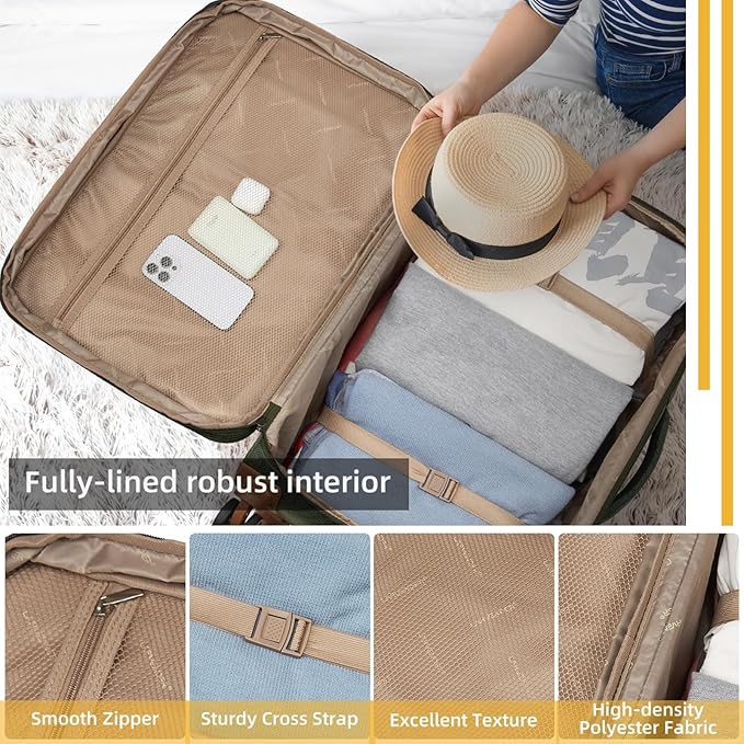 LARVENDER Luggage Sets 4 Piece, Softside Carry On Luggage Suitcase Set with 360° Spinner Wheels for Women Men(28/24/20/18) Army Green