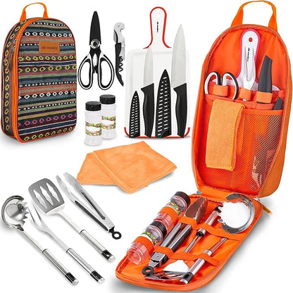Camp Kitchen Cooking Utensil Set Travel Organizer Grill Accessories Portable Compact Gear for Backpacking BBQ Camping Hiking Travel Cookware Kit Water Resistant Case