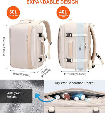 PIJUSHI Travel Backpack for Women Expandable Carry on Luggage Backpack Airline Approved Personal Item Laptop Bag(PE034 Beige)