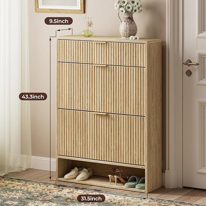 Evermagin 31.5''W Oak Shoe Cabinet Storage with Drawer for Entryway, Fluted Slim Shoe Dresser with 2 Flip Drawers, Narrow Shoe Rack Cabinet, Hidden Shoe Organizer Cabinet for Entrance, Hallway