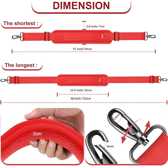 ZINZ 60" Universal Bag Strap with Ultra-thick Fixed Breathable Pad, Adjustable Heavy-duty Shoulder Strap for Laptop, Crossbody, Luggage, Gym, Camera Bag and More - R01E01