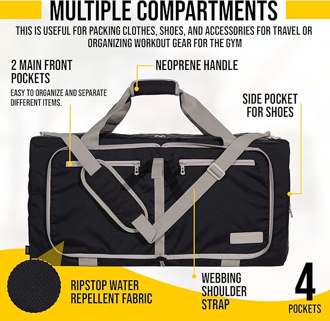 LEGEND 40L Foldable Duffle Bag for Travel - Packable Duffle Bags w/Shoe Compartment - Tear Resistant Collapsible Duffel Bags for Traveling - Lightweight Folding Duffel Bag for Men & Women -Black