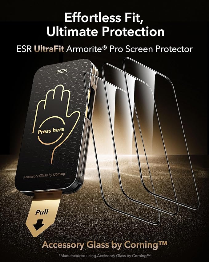 ESR Accessory Glass by Corning™ 3 Pack 9H+ Glass for iPhone 16/15 Screen Protector, Military Grade Shatterproof & Durable with UltraFit Tray